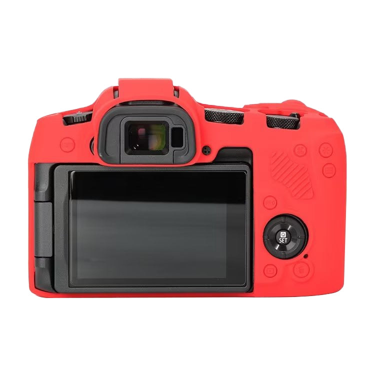 Red soft silicone protective case for Canon EOS R8 camera, showcasing its snug fit and durable design.